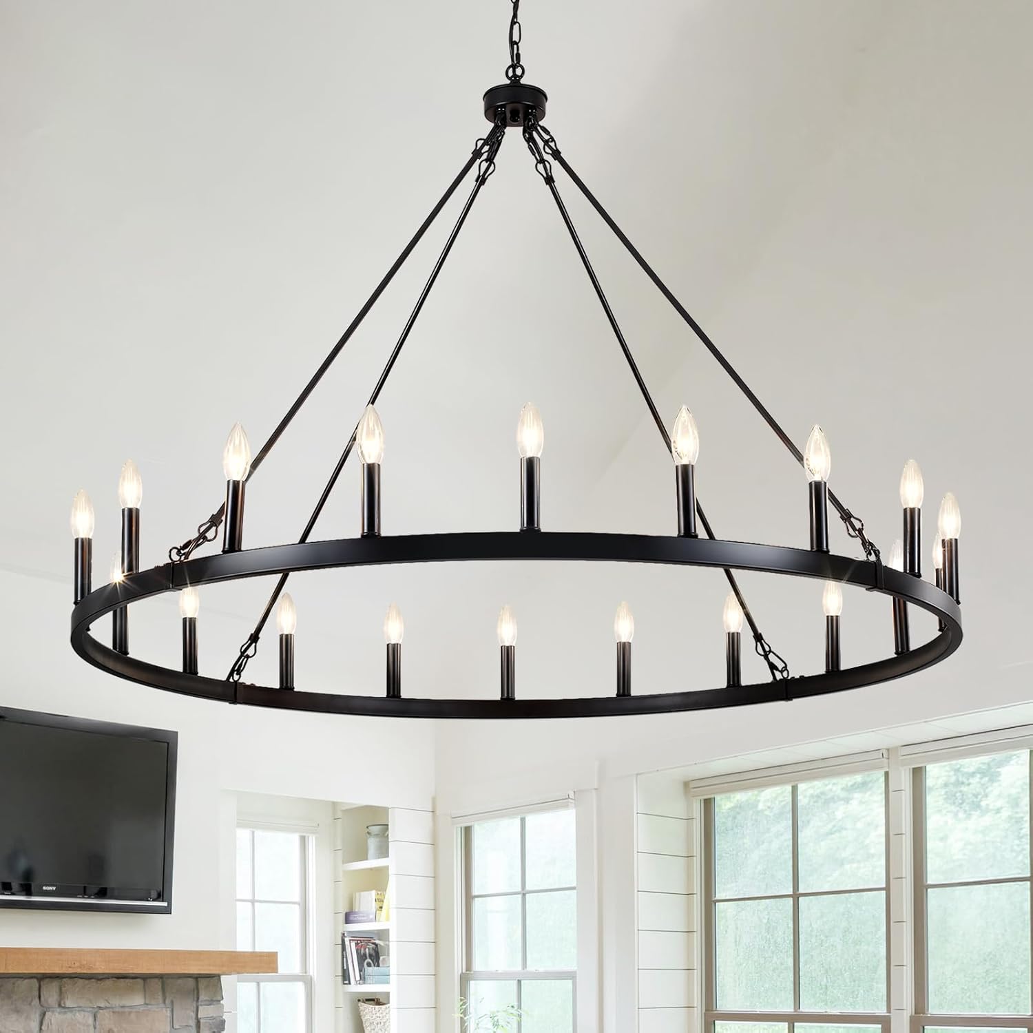 Black Wagon Wheel Chandelier 20-Light 48" Large Black Farmhouse Chandelier High Ceiling Light Fixture for Living Room Entryway Hallway Kitchen Island