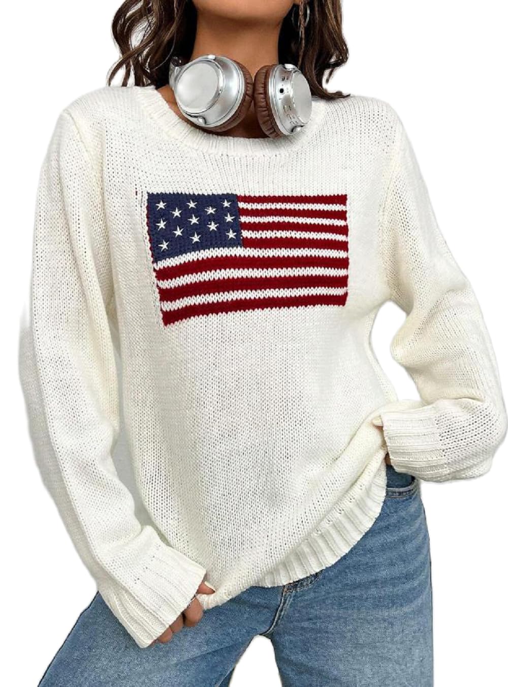 CazifferWomen American Flag Sweater Vintage Crewneck Jumper Top USA Knit Pullover Sweatshirt Preppy Striped Sweater