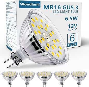 Wondlumi 6x Lampadina LED GU5.3 MR16 12V 6.5W, 700LM Bianco Freddo 6000K, Non Dimmerabile, Equivalente 65W Lampada Alogena, Lampadine Faretti LED GU5.3 per Plafoniera, Illuminazione Paesaggistica