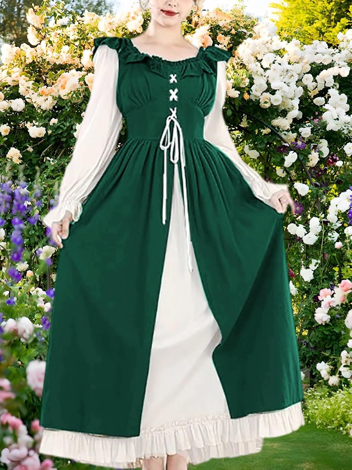 WISHU Women’s Renaissance Dress, Victorian Medieval Costume Dress Halloween Ruffle Maxi Dresses - Image 5