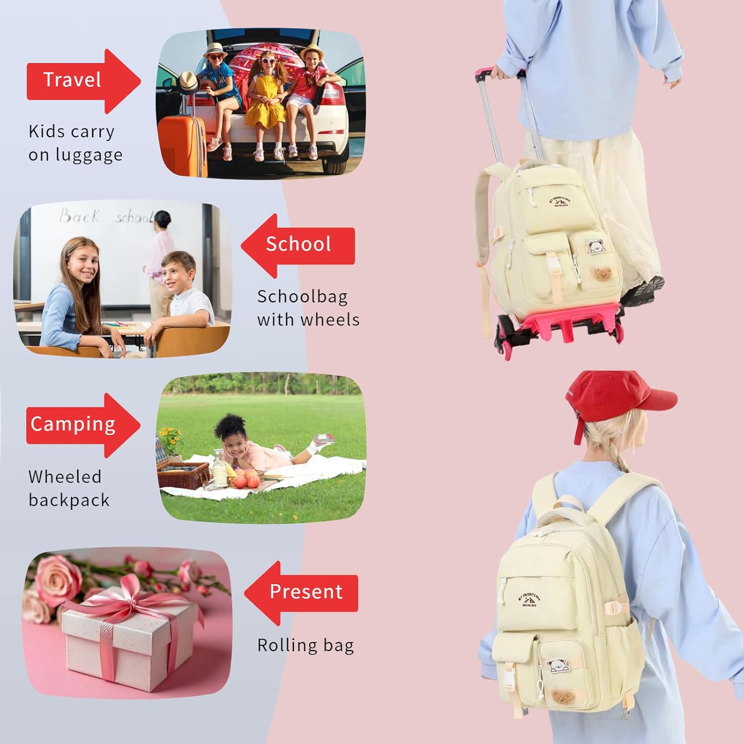 Girls Rolling Backpack with Wheels, School Backpack with Wheels for Girls, Rolling School Bag Roller Bookbag Kids Carry-on Luggage, Light yellow - Image 6