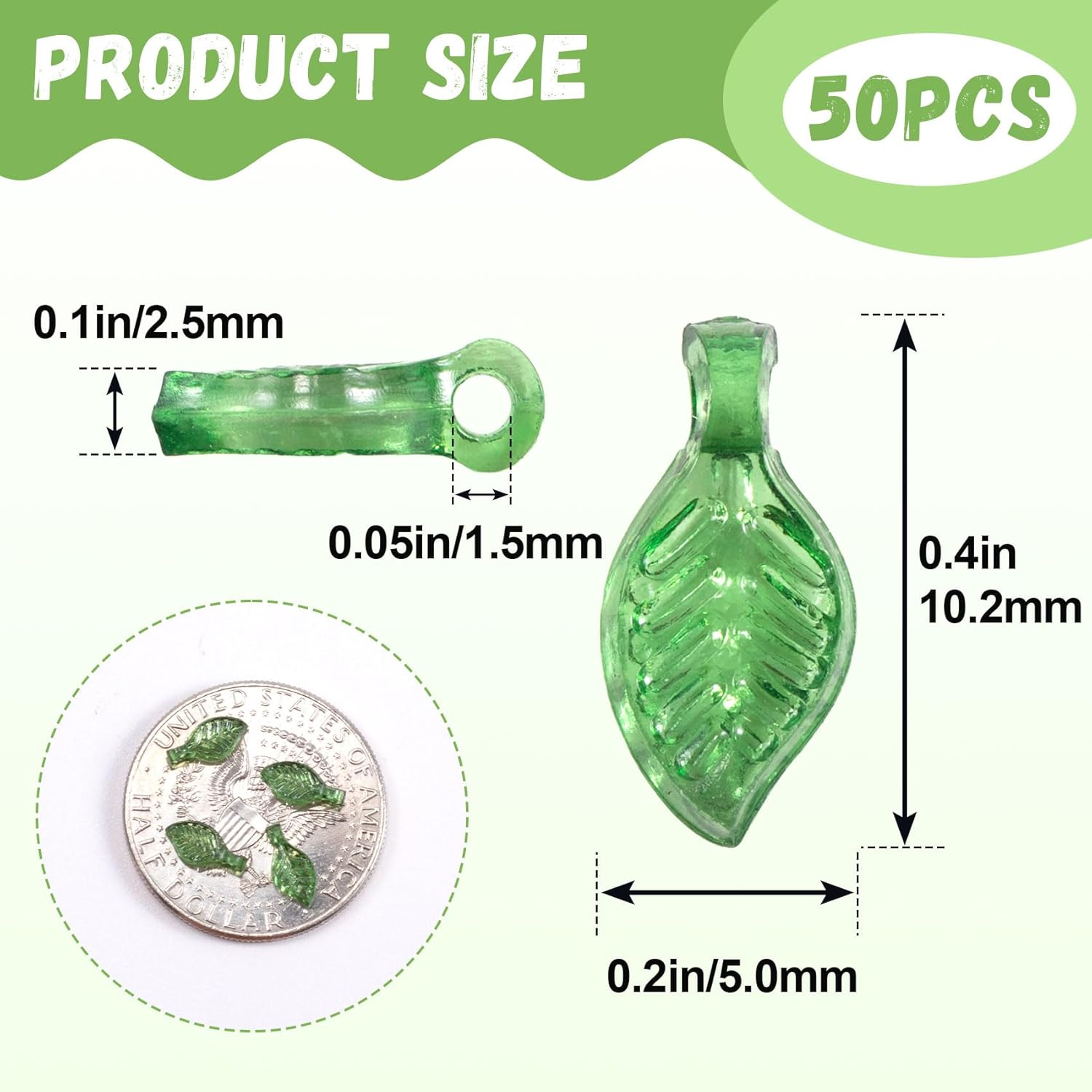 50pcs Green Leaf Charms, Transparent Acrylic Leaf Shape Bead with Hole, Tiny Cute Leaves Pendants Craft Decoration for Earrings Necklaces Bracelets Jewelry Making - Image 2