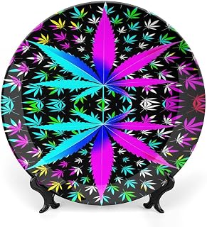 8inch Colorful Marijuana Leaves Ceramic Decorative Plate with Display Stand & Wall Hanging Kit, Round Display Plate for Home Office Tabletop & Wall Decor