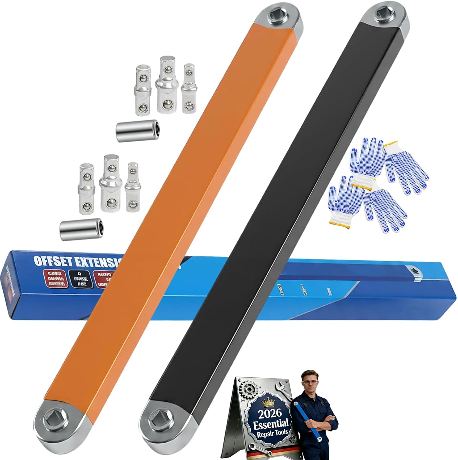 PRO - Offset Extension Wrench Set, 15-Inch Impact Ready Tight Reach Wrench with 1/4", 3/8", 1/2" Square Drive Adapters, High Torque Zero Offset Wrenchs Tool for Automotive Repair (Blue+Red)