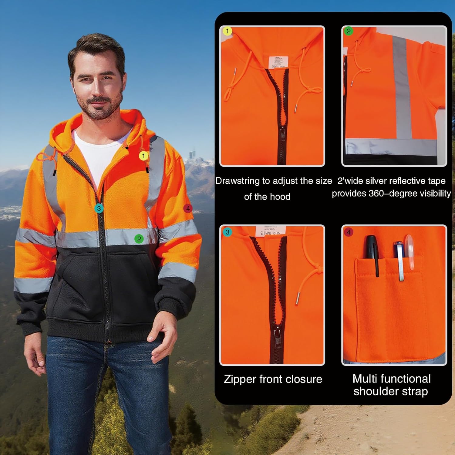 High Visibility Safety Hoodie, Reflective Workwear Sweatshirt, Neon Yellow and Black, Zip-Up - Image 3