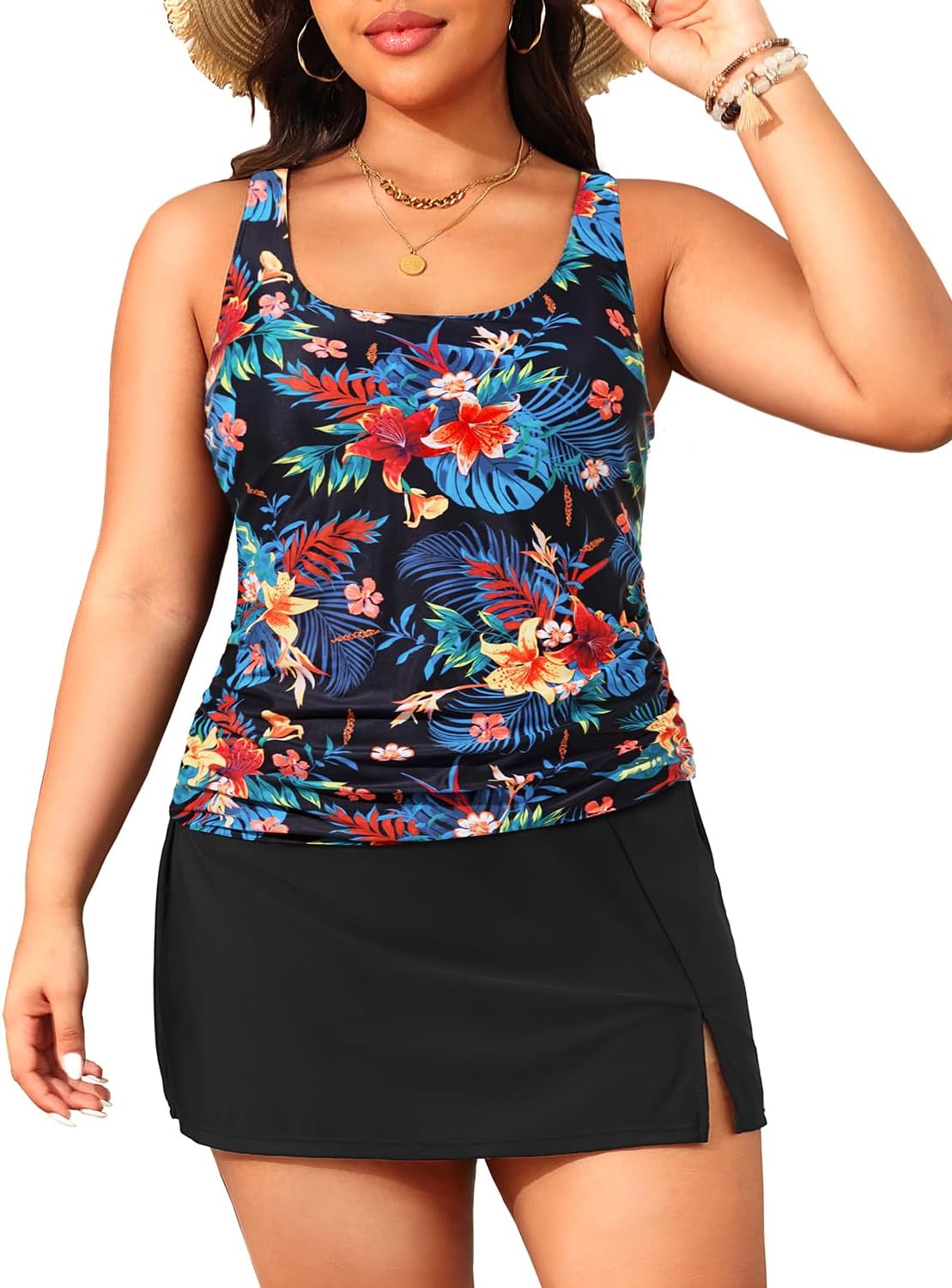 Daci Plus Size Tankini with Skirt - Women Two Piece Swimsuits Tummy Control Bathing Suits Scoop Neck Swimwear