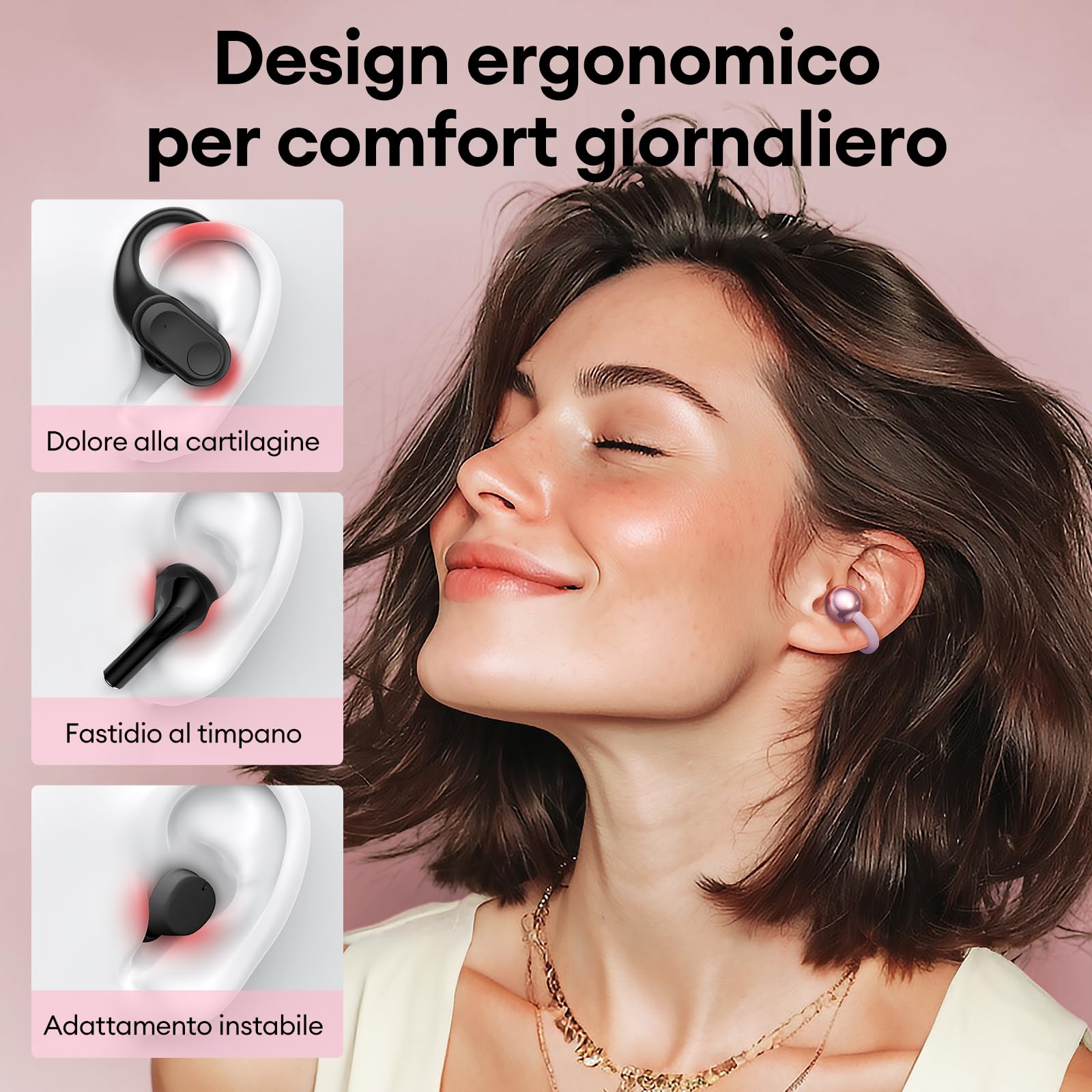 ZOMBIES CAT Auricolari Open Ear Clip-on con Schermo Touch Intelligente – Cuffie Bluetooth 5.4, Audio HiFi, Controllo Musicale & Volume, Auricolari Bluetooth per Sport,M100 Rosa