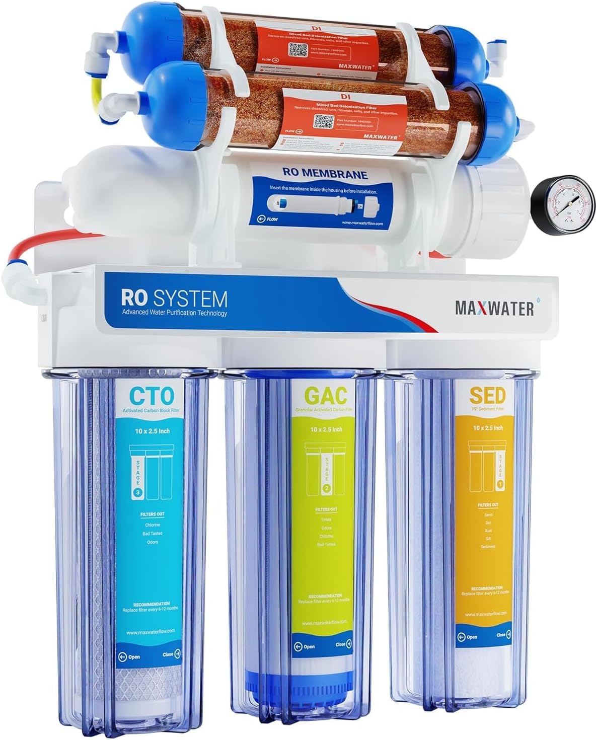 Max Water 6 Stage Aquarium System/RO Water Filtration System with Deionization Filter RO Water Purifier 100 GPD Hydroponics RODI System (Clear)