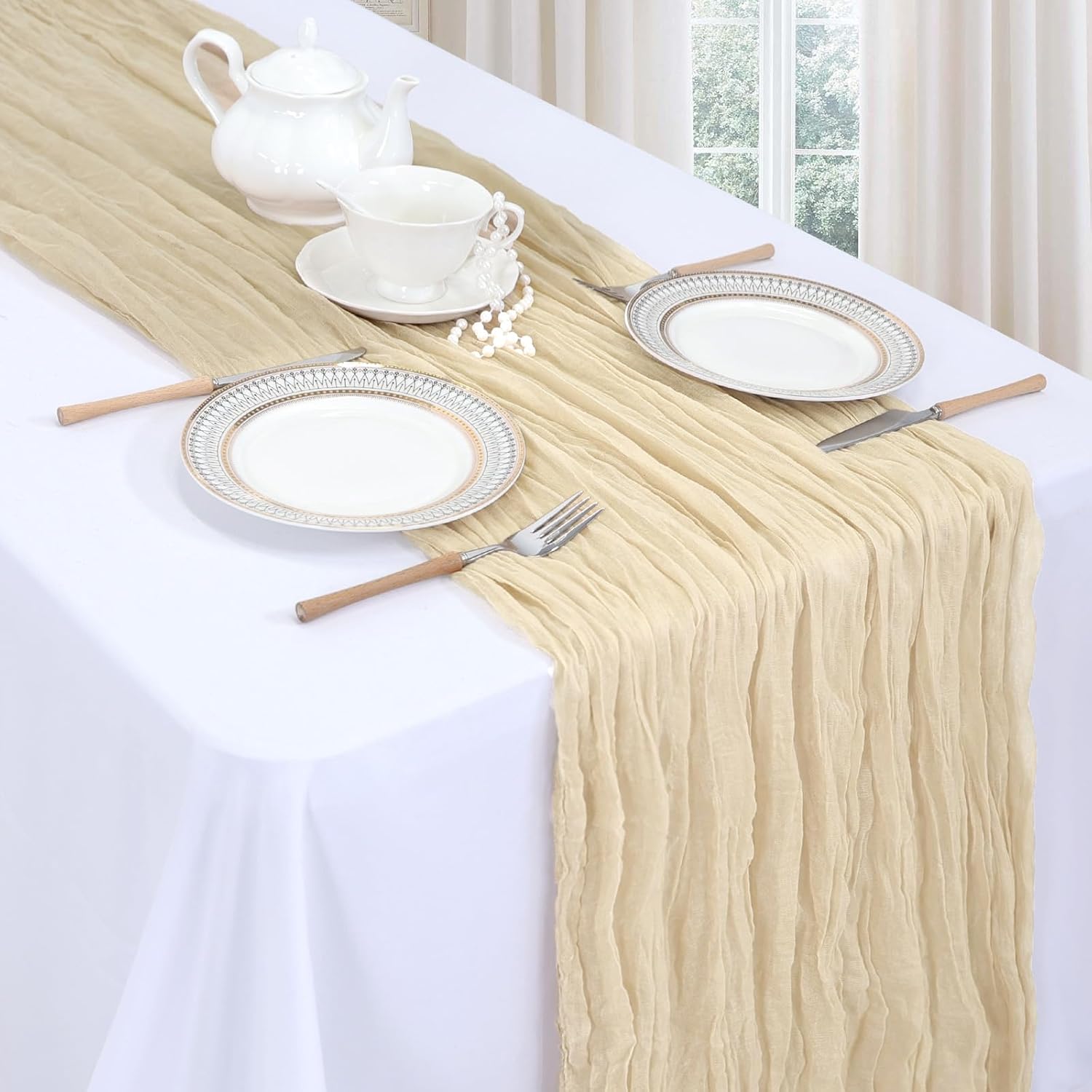 12 Pack Beige Cheesecloth Table Runner 10ft Boho Gauze Fabric Cheese Cloth Table Runner 35 x 120 Inch Rustic Sheer Runner for Holiday Baby Shower Home Décor Party Wedding Decoration