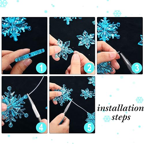 Miniatura 5 de Boao 35 adornos de copos de nieve de cristal acrílico, colgante de árbol de Navidad, decoración temática de nieve de invierno (azul hielo)