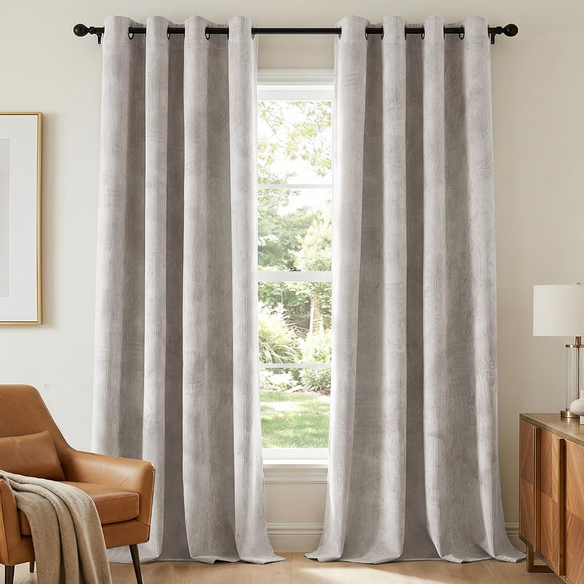 H.VERSAILTEX Velvet 100% Blackout Curtains for Living Room Full Light Blocking Curtains Thermal Insulated Room Window Drapes Soft Luxury Curtains Grommet Top 2 Panels (55" W x 96" L, Stone)