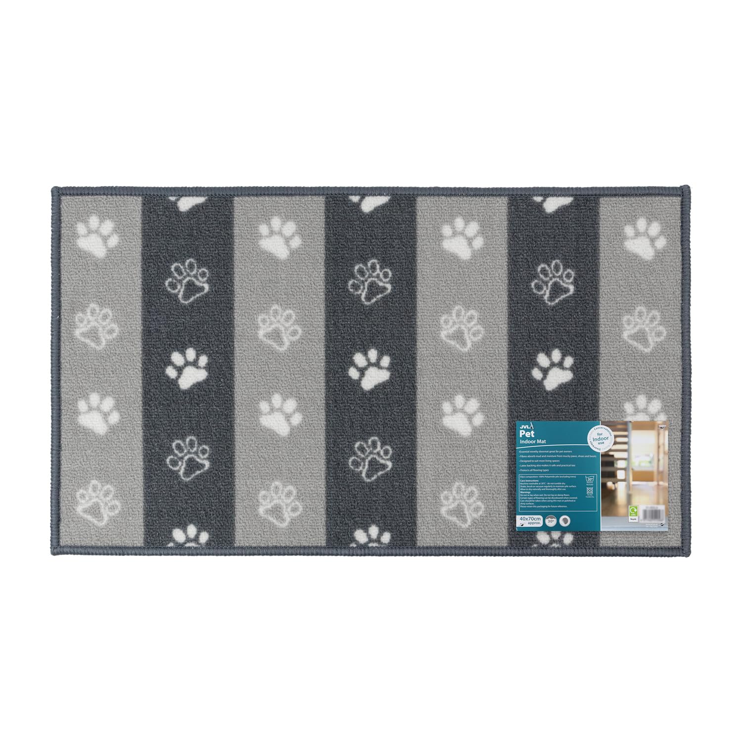 JVL Machine Washable Pet Mat 40×70 cm – Absorbent Indoor Dog & Cat Mat for Feeding Stations, Food Bowls & Entryways – Classic “Paw Prints” Design