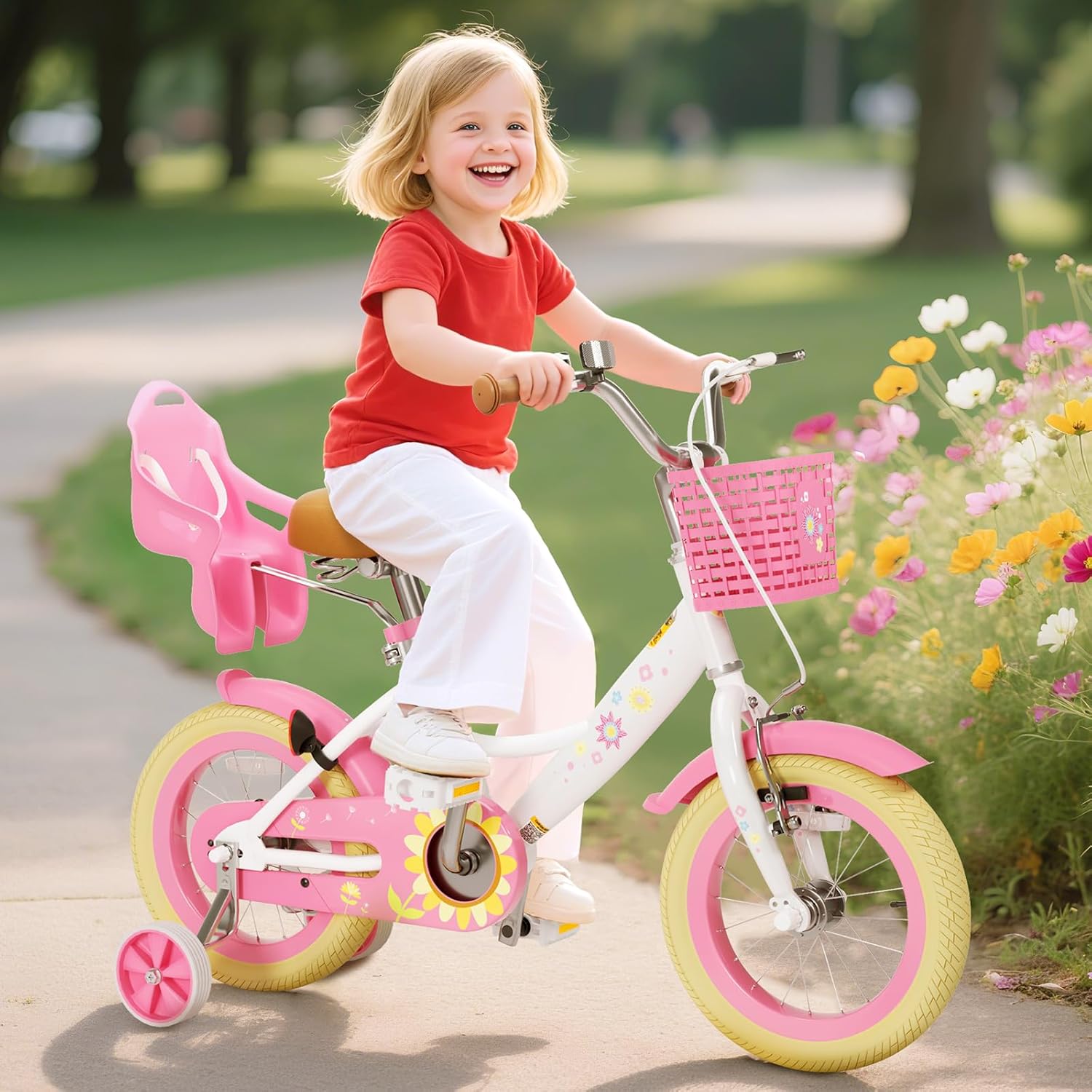 Glaf Toddler Girls Bike for Age 2-9 Years 12 14 16 Inch Girls Bike with Training Wheels and Doll Seat Kids Bike Bicycle with Basket,Adjustable Seat,Bell