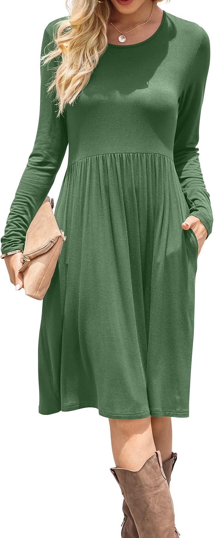 DB MOON Women Casual Long Sleeve Dresses Empire Waist Loose Dress with Pockets (Army Green, XS)