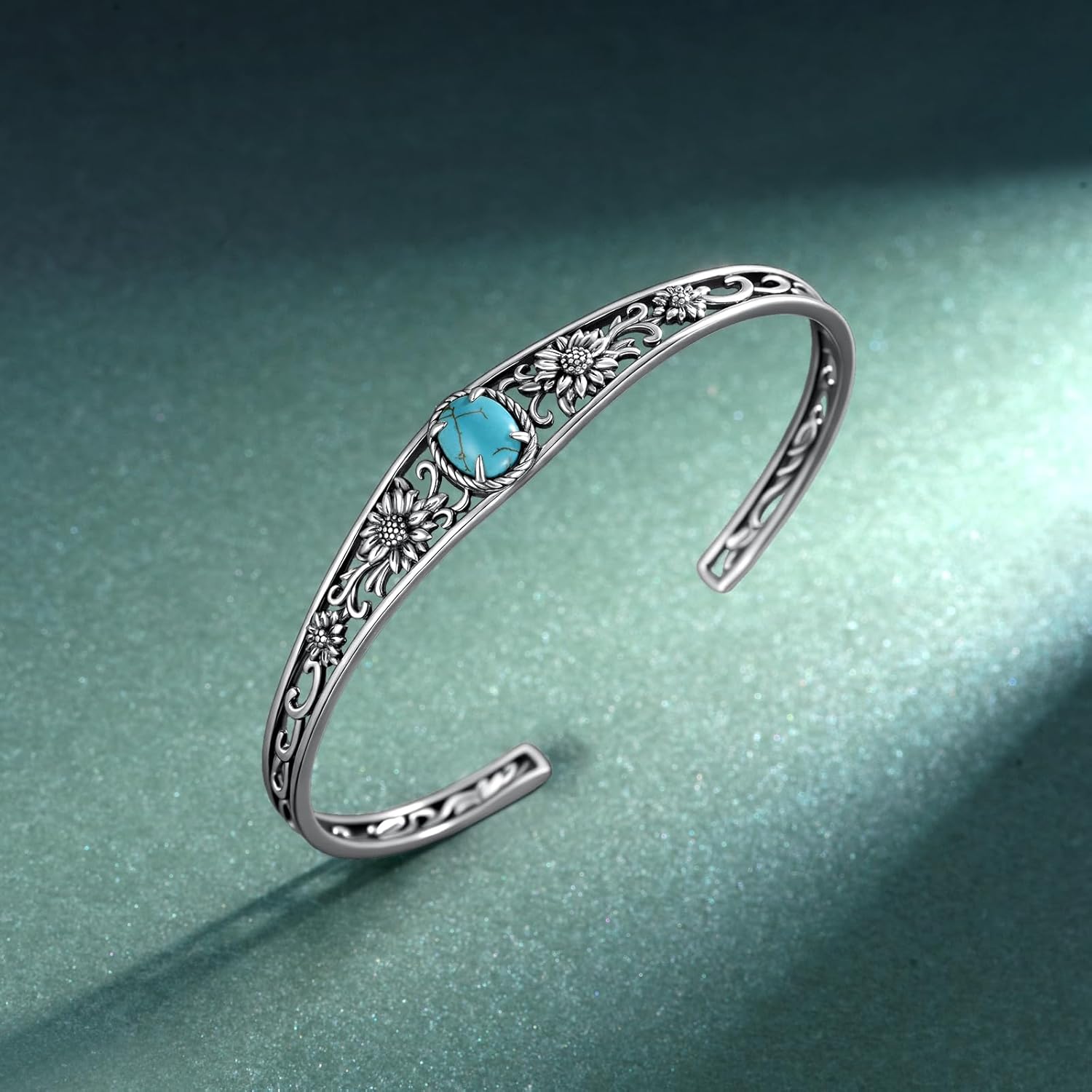 Sunflower Turquoise Bracelet 925 Sterling Silver Genuine Natural Turquoise Chunky Cuff Bangle Bracelet Vintage Native American Western Boho Style Jewelry Gift for Women