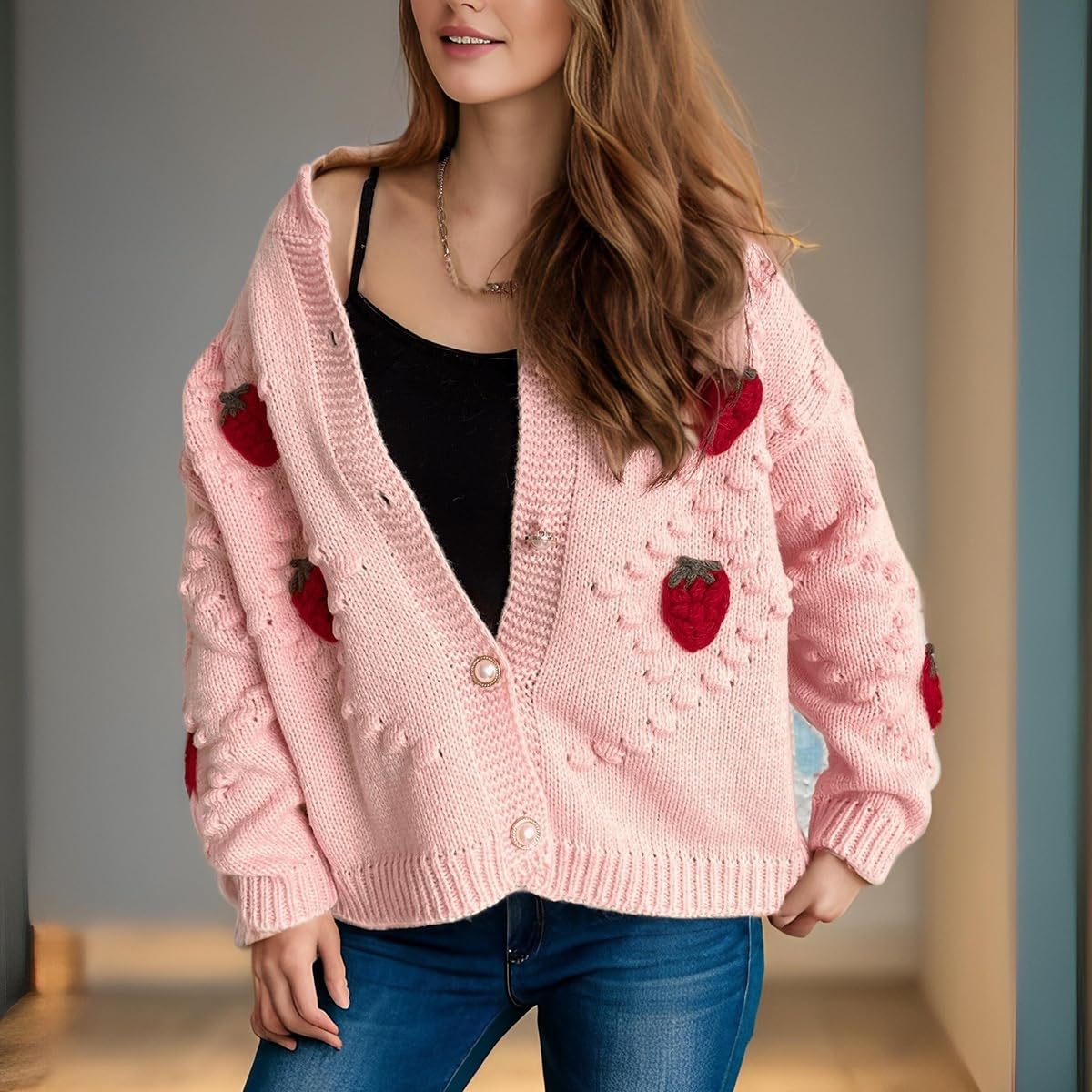 Erdbeer Strickjacke für Damen Gemütlicher Kurzer Grobstrickpullover Süßer Langarm Strickpullover Bequeme Strickmode Leichte Oberbekleidung für Mädchen