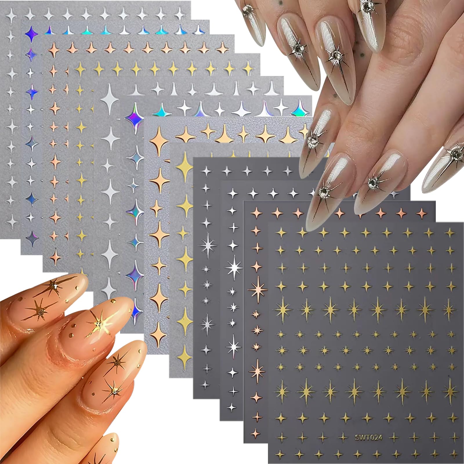 12 Sheets Star Nail Art Stickers 3D Self Adhesive Star Nail Decals Gold Laser Silver Rosegold Nail Stickers for Nails Designs Cute Nail Supplies for