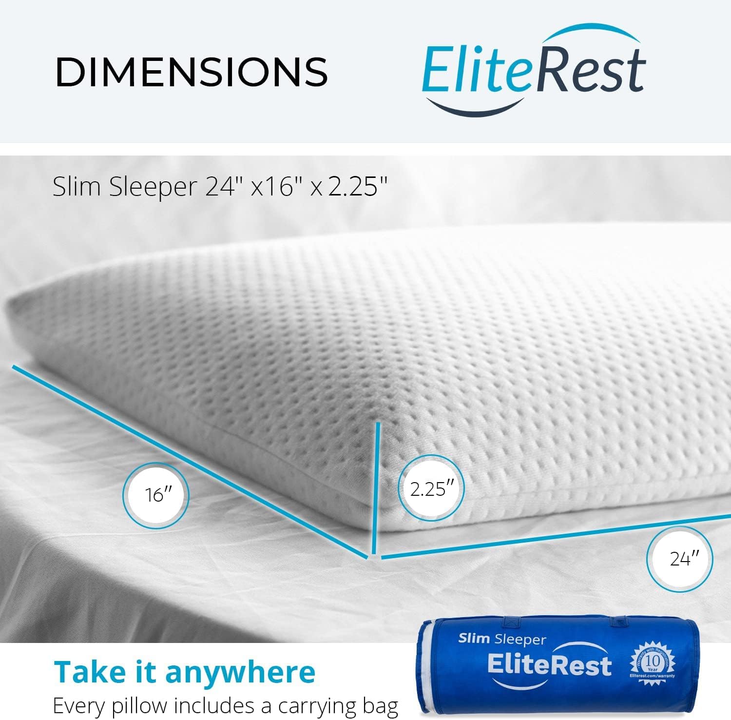 Elite Rest Slim Sleeper - Medium Firm Ultra Thin Memory Foam Pillow, Premium Cotton Cover, Great for Stomach Sleepers, Hypoallergenic - Thin Low Profile 2.25 Inches