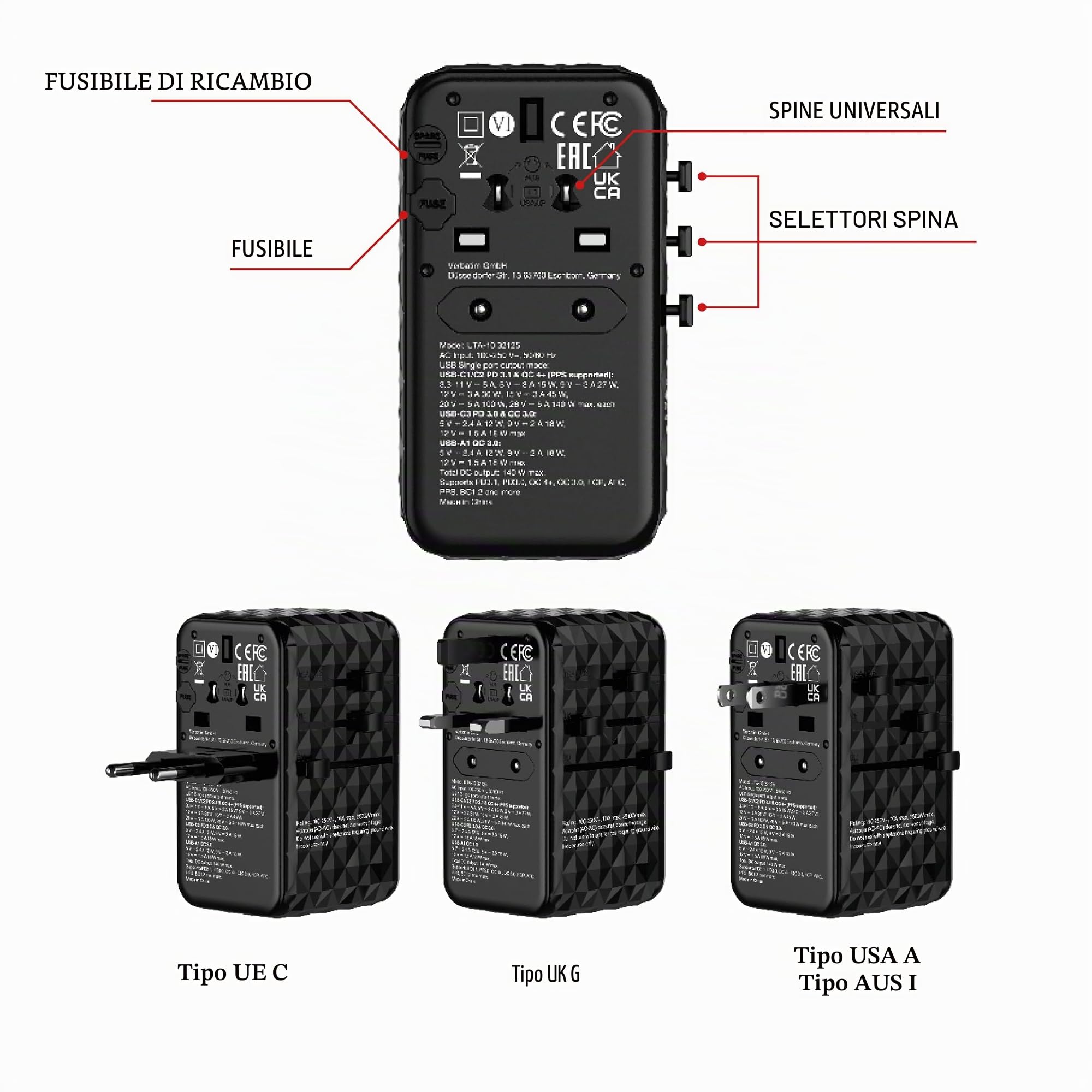 Verbatim UtA-10 - Alimentatore - Gan Iii, Universale - 140 Watt - 10 A - Power Delivery 3.1, Pd/pps, Qc 3.0, Qc 4+, Apple Fast Charge, Bc 1.2, Fast C | Adattatore per presa GaN con USB-C, USB-A e sistemi di spina in tutto il mondo per viaggi e ricarica mo