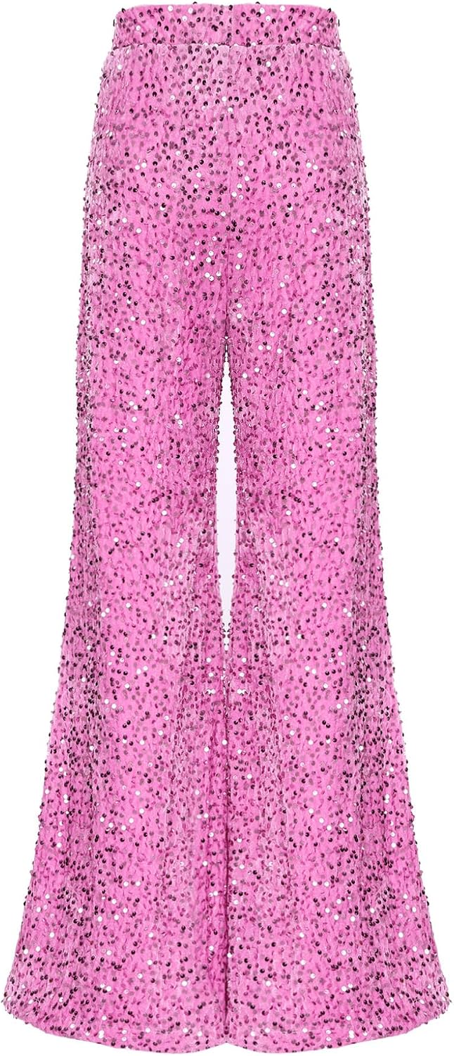 JanJean Women Adult Sequin Pants Bling Glitter Dance Pants Sparkly Glitter Wide Leg Palazzo Casual Harem Trousers