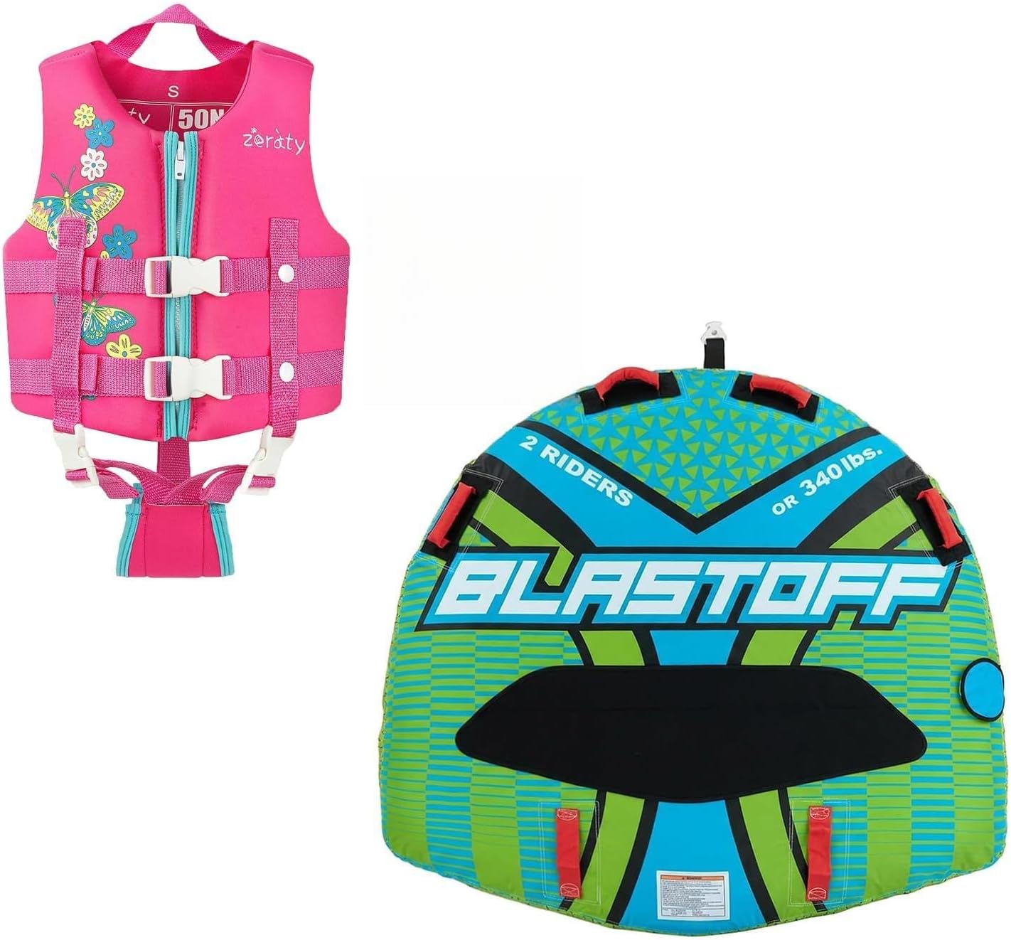 Zeraty Towable Tube for Boating 2 Riders, Heavy Duty Inflatable PVC Water Tube with 420D Nylon Cover & Reinforced Handles, Stable Deck Tube for Lake Ocean River, Towable for Water Sports Kids Adults