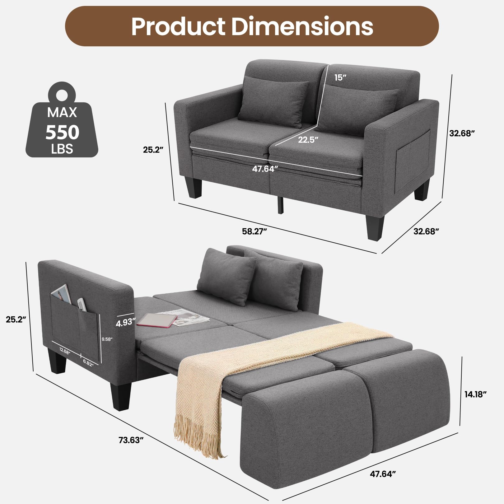 6-in-1 Convertible Sofa Bed, 58" Loveseat Sleeper Sofas, Gray | Pull Out Couch Bed with Removable Backrest, Storage Pockets and 2 Pillows, Modern Folding Linen Futon Couch for Small Spaces
