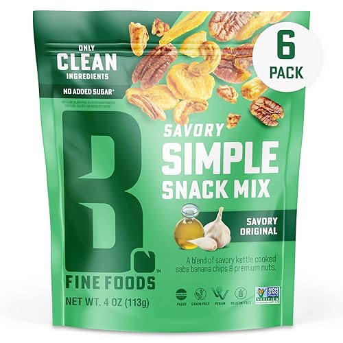 B. Fine Foods Mezcla de bocadillos sin granos, original salado  4 onzas, paquete de 6  Patatas fritas de plátano cocidas y frutos secos de primera