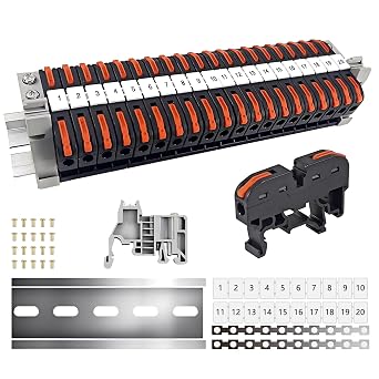LLCS 20PCS DIN Rail Terminal Blocks Kit, Inline Universal Compact Wire Wiring Connector, 20 Connectors, 2pcs Connection Bar, 2pcs Digital Identification, 20pcs Screws, 28-12 AWG