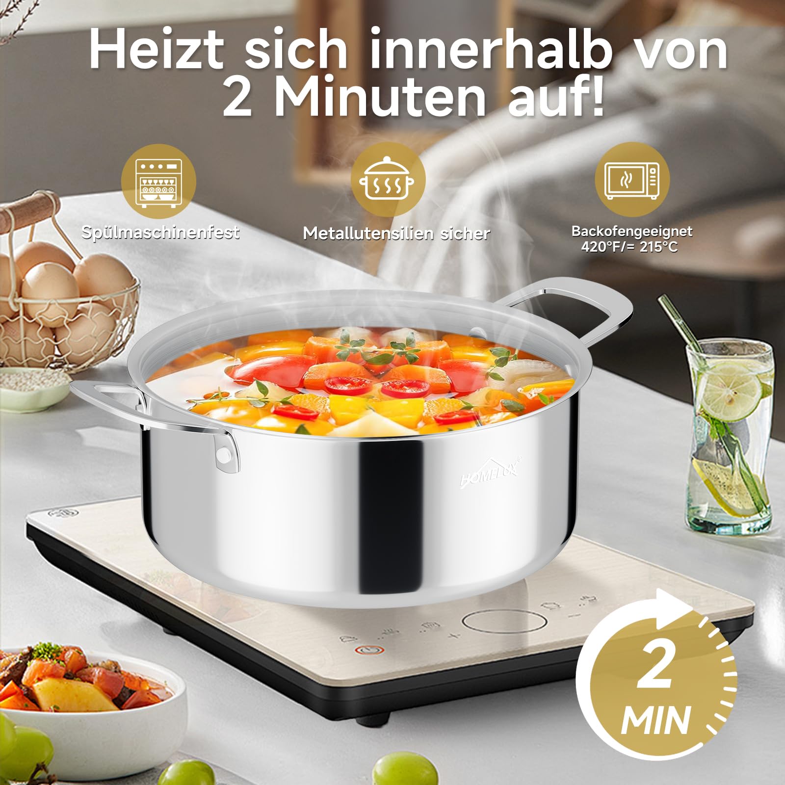 Homelux Topf 24cm 1,9L Edelstahl Kochtopf Wabenstruktur Beschichtung
