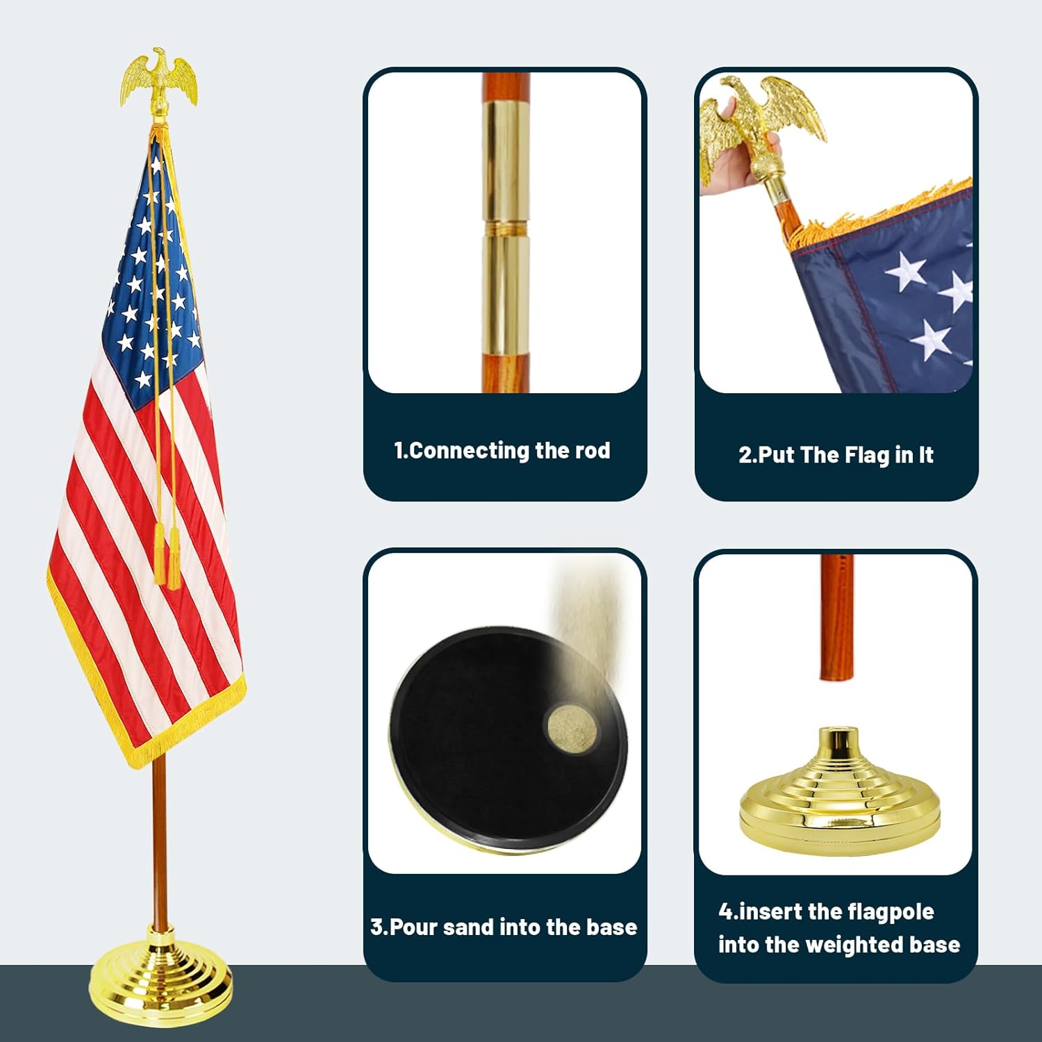 Presidential Indoor FlagPole - Solid Oak Wooden 8FT Flagpole with Base, 3x5 USA Flag-Polyester Canvas Embroidered Stars, Eagle Topper, Cord Tassel, for Office School City Hall.