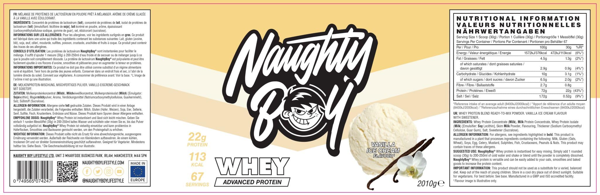 Naughty Boy Advanced 100% proteína de suero en polvo, 2010 g, 22 g de proteína por porción, 67 porciones, batido alto en proteínas para crecimiento muscular y recuperación, bajo en azúcar, helado de