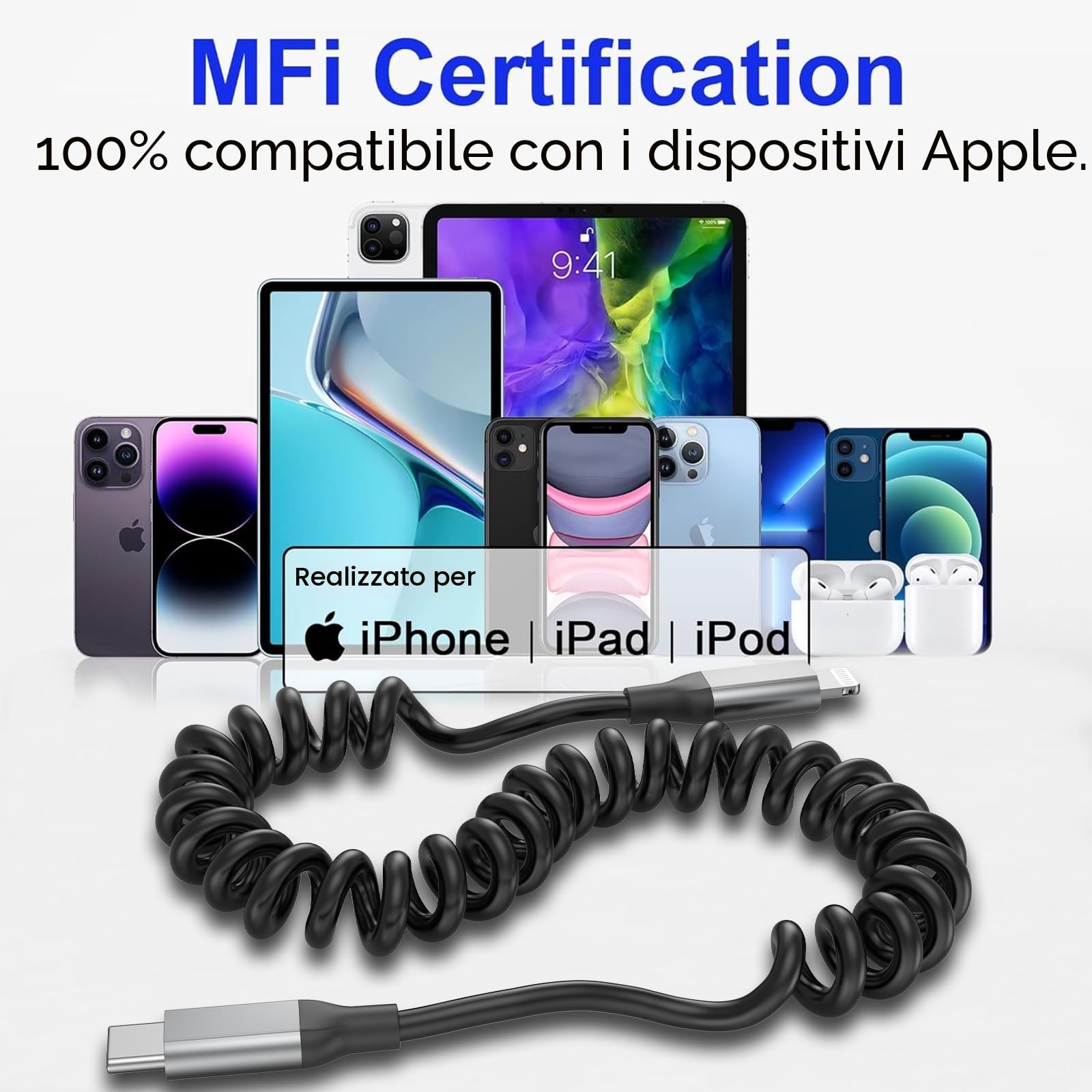 Acecene Cavo a spirale da USB C a Lightning [2 pezzi], MFi Certified Carplay cavo di ricarica iPhone corto, 2.4A USB C a Lightning per iPhone 14 13 12 11 Pro Max X XS XR 8 7 6 Plus SE – Nero