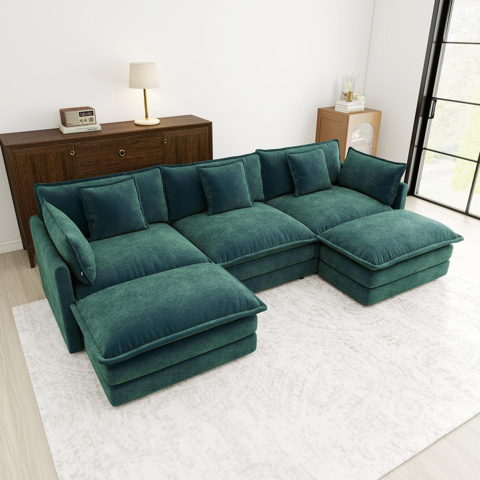 111.5” Green Modular Sectional Sofa, 3 Seater Large Sectional Couches for Living Room, Chenille Fabric Oversized Cloud Couch with Ottoman, Deep Seat