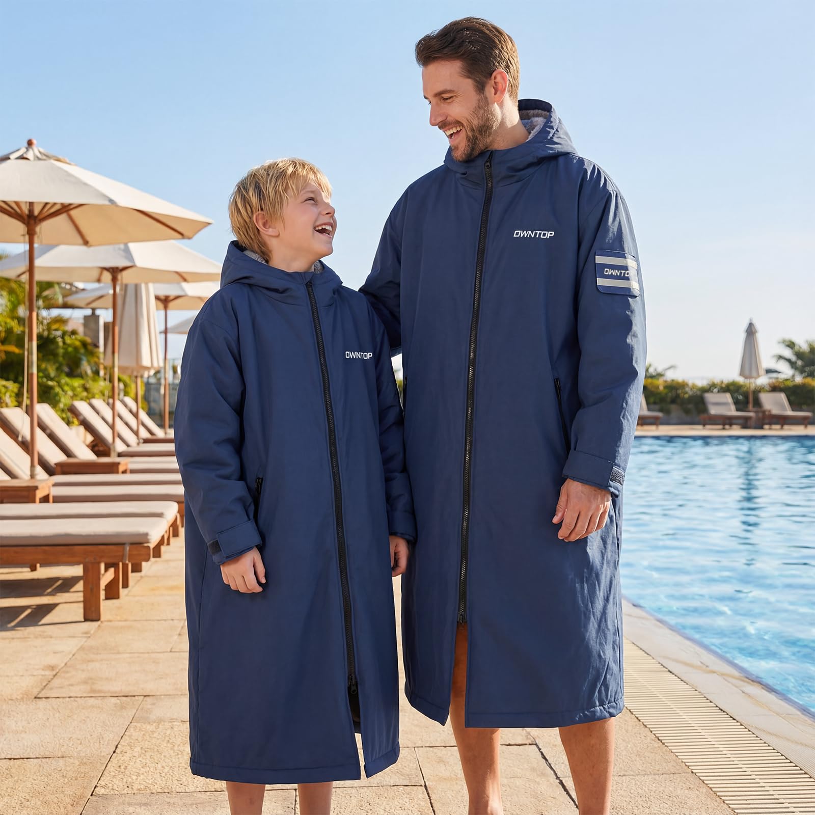 Owntop Wasserdichter Wickelmantel für Erwachsene Kinder - Winddichte Kapuzenmantel mit Sherpa-Fleece-Futter | Individueller Klettpatch | Übergroßer Wärmemantel für Schwimmen Surfen Strand