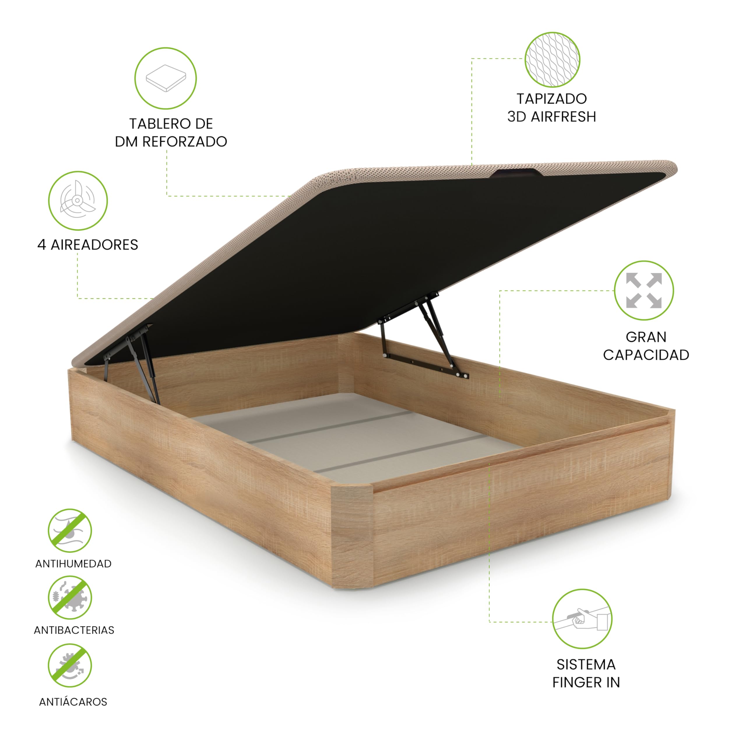 duehome | Luxury, Canapé Abatible con Almacenaje, Base Tapizada, Acabado en Roble, Medidas: 135 cm (Ancho) x 190 cm (Largo) x 31 cm (Alto)