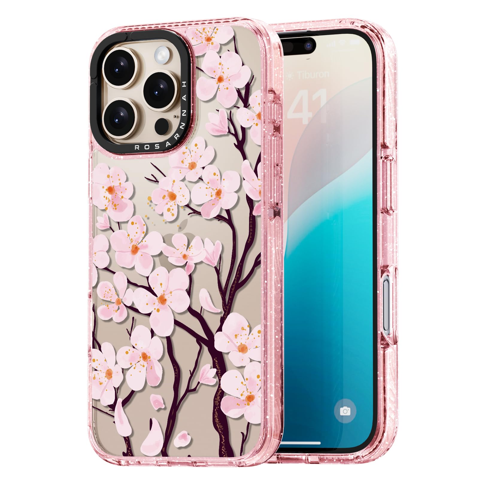 Rosarnnah for iPhone 16 Pro Case Cute - Durable Shockproof 6.6 ft Drop Impact Phone Case - Funny Cherry Blossom Design (6.3") Glitter Pink