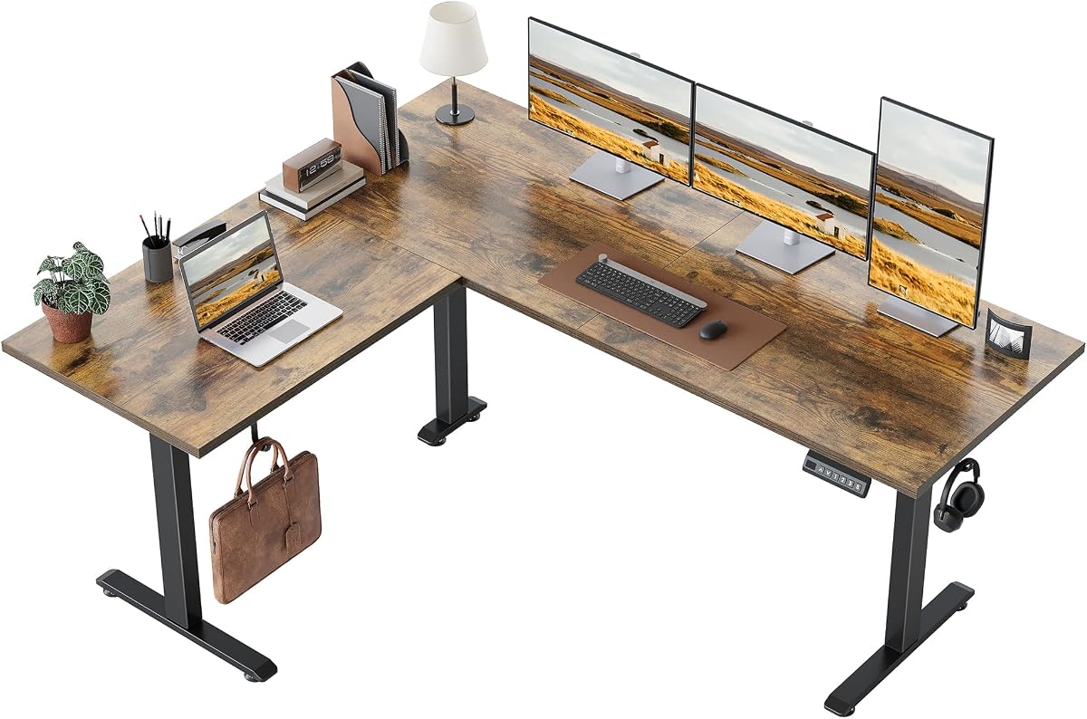 Klicelor Escritorio de pie en forma de L de 63 x 48 pulgadas, escritorio de esquina eléctrico ajustable en altura para estación de trabajo de oficina en el hogar, mesa ergonómica para computadora con controlador de memoria, marrón rústico
