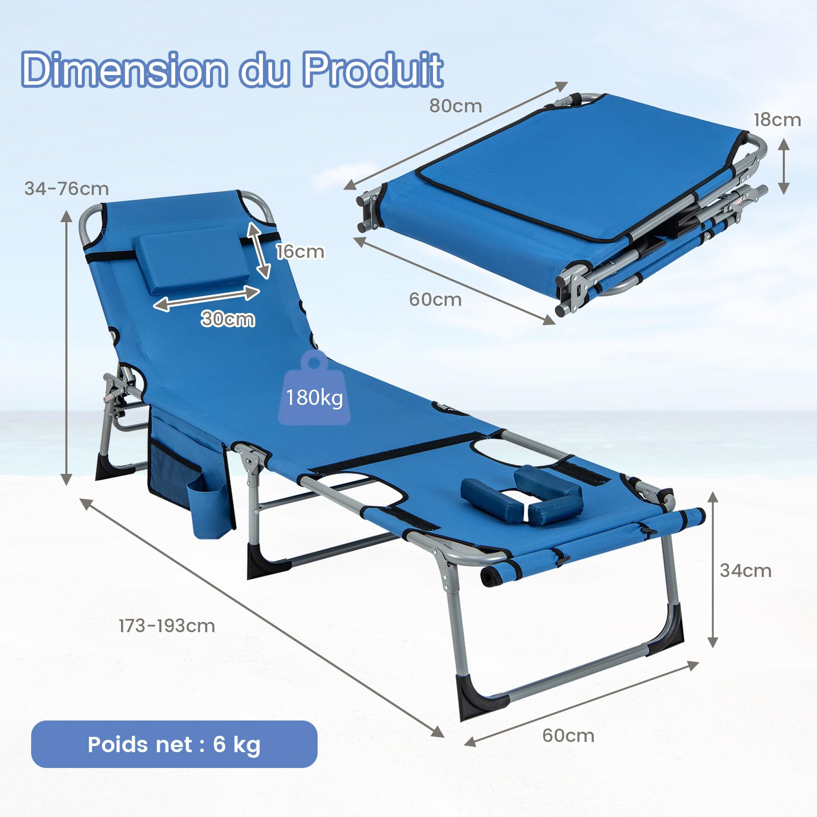 COSTWAY Bain de Soleil Pliable Inclinable à 5 Positions, Charge 150kg, Transat de Plage Pliable, Trou pour Visage, Appui-tête Amovible, Porte-gobelet et Poche, Chaise Longue pour Jardin Plage(Bleu)