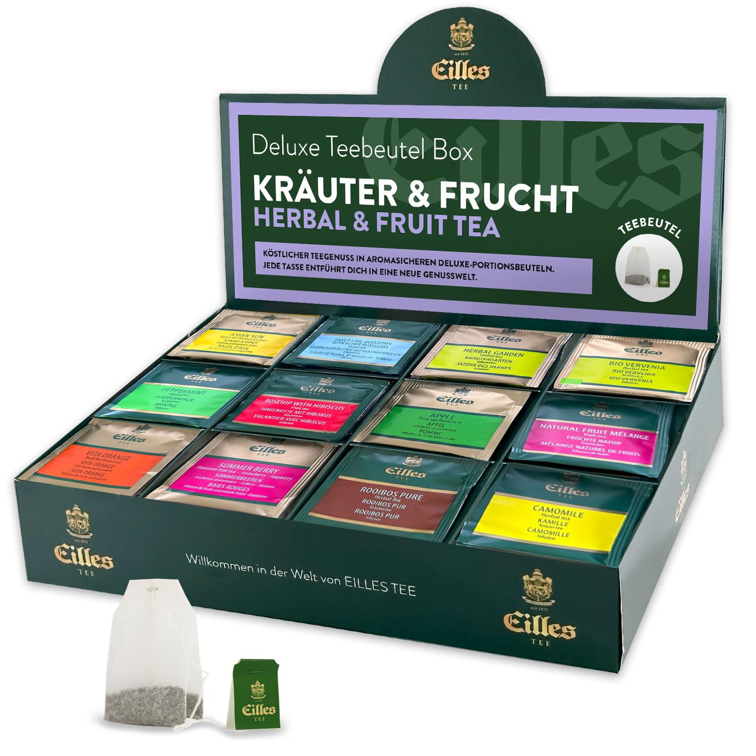 KRÄUTER & FRUCHT Mischbox | Premium Sorten von EILLES TEE | mit 12 Sorten unterschiedliche Teebeutel | 5-Sterne Sortiment mit insgesamt 96 Teeportionen