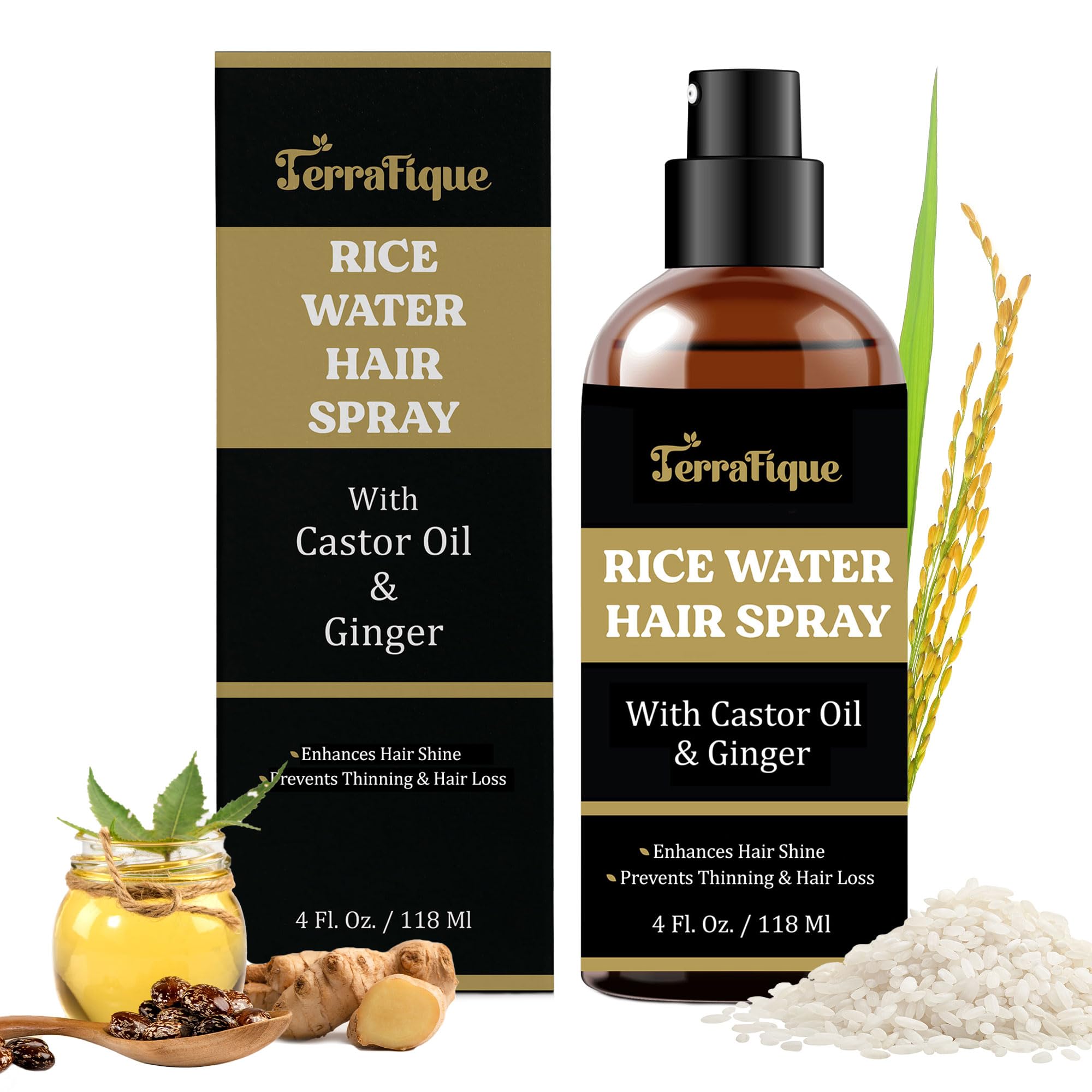 TERRAFIQUE Rice Water Hair Shine Spray for Women - Leave-In Conditioner with Castor & Ginger for Hair Growth, All Hair Types - 4 Fl Oz / 118 Ml (1