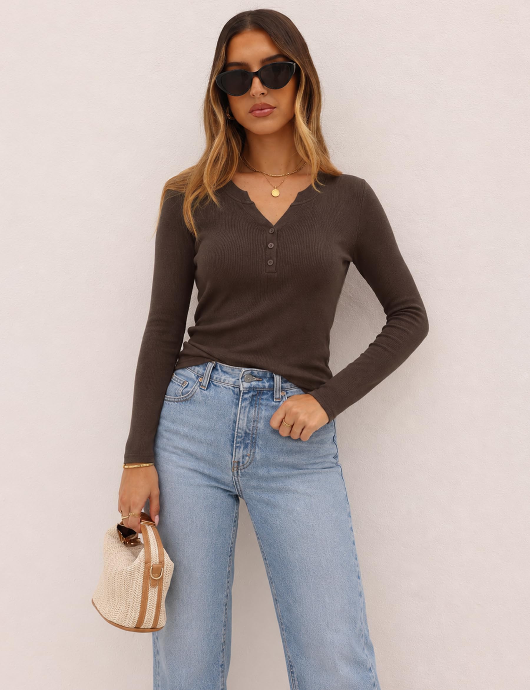 Demegimi T Shirt Femme Manche Longue Col V Bouton Côtelé Slim Pack de 2-3 | Pack de 2 Tee Shirt Femme Manche Longue Col V Côtelé Slim Basique Casual Printemps Automne Taille S a XXL
