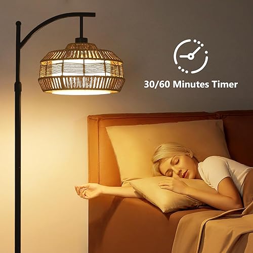 Miniatura 6 de Lámparas de pie de arco para sala de estar, lámpara de pie de ratán negro con control remoto, bombilla inteligente, lámpara de pie bohemia regulable