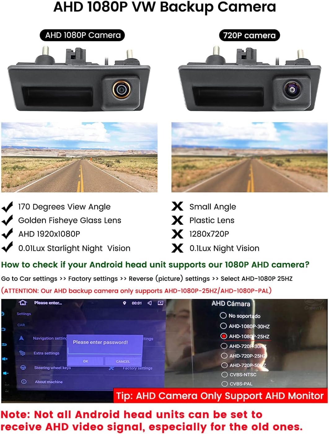 AHD 1080P vs 720P camera comparison and head unit settings for AHD
