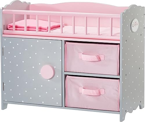 Olivia's Little World Cuna de madera para muñeca con un gabinete y dos cubículos para almacenamiento de accesorios de muñeca debajo, lunares rosados