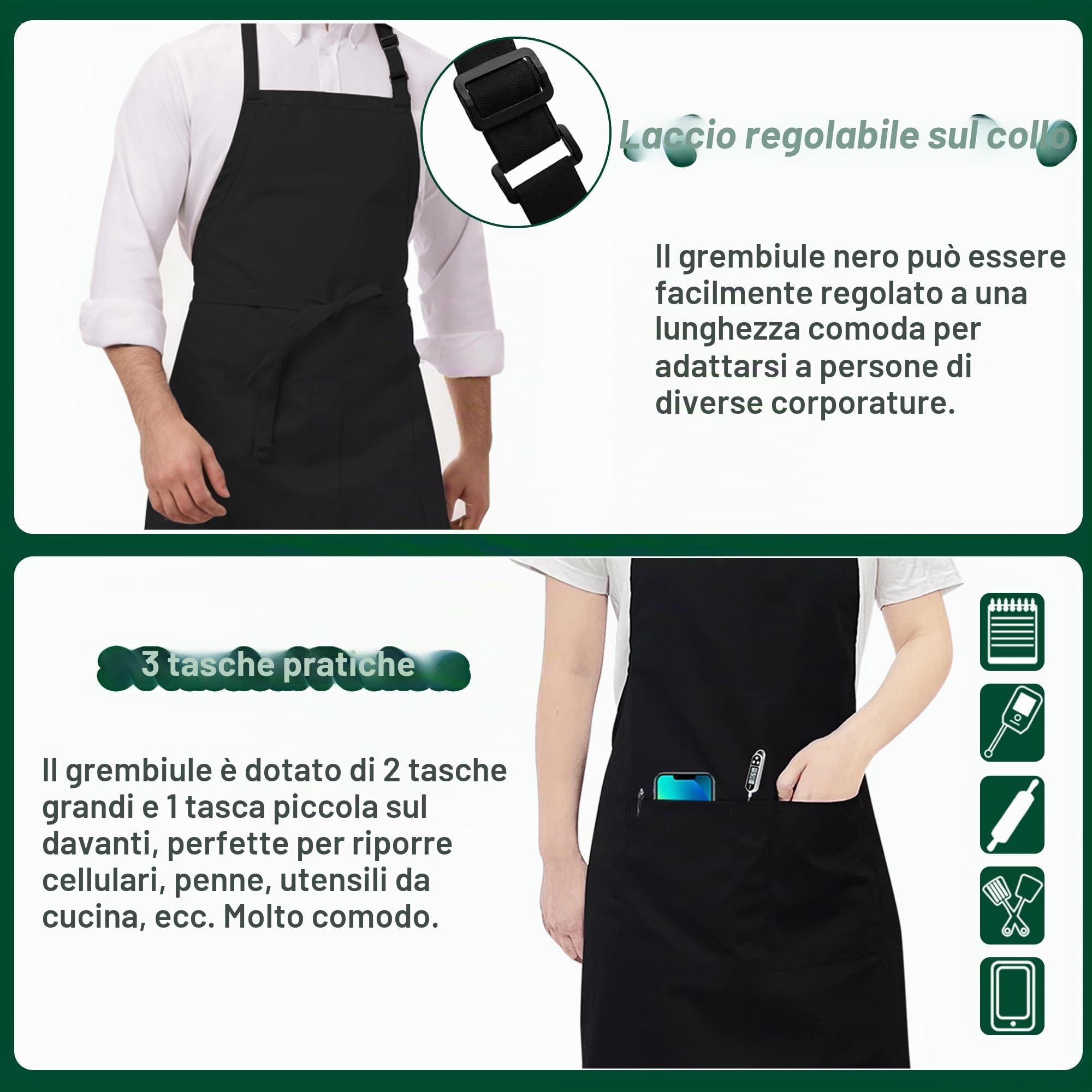 5 Pezzi Nero Bianco Cucina Grembiule, Professionale Lavoro Grembiule per Donne Uomini Ristorante (Regolabile,3 Tasche)