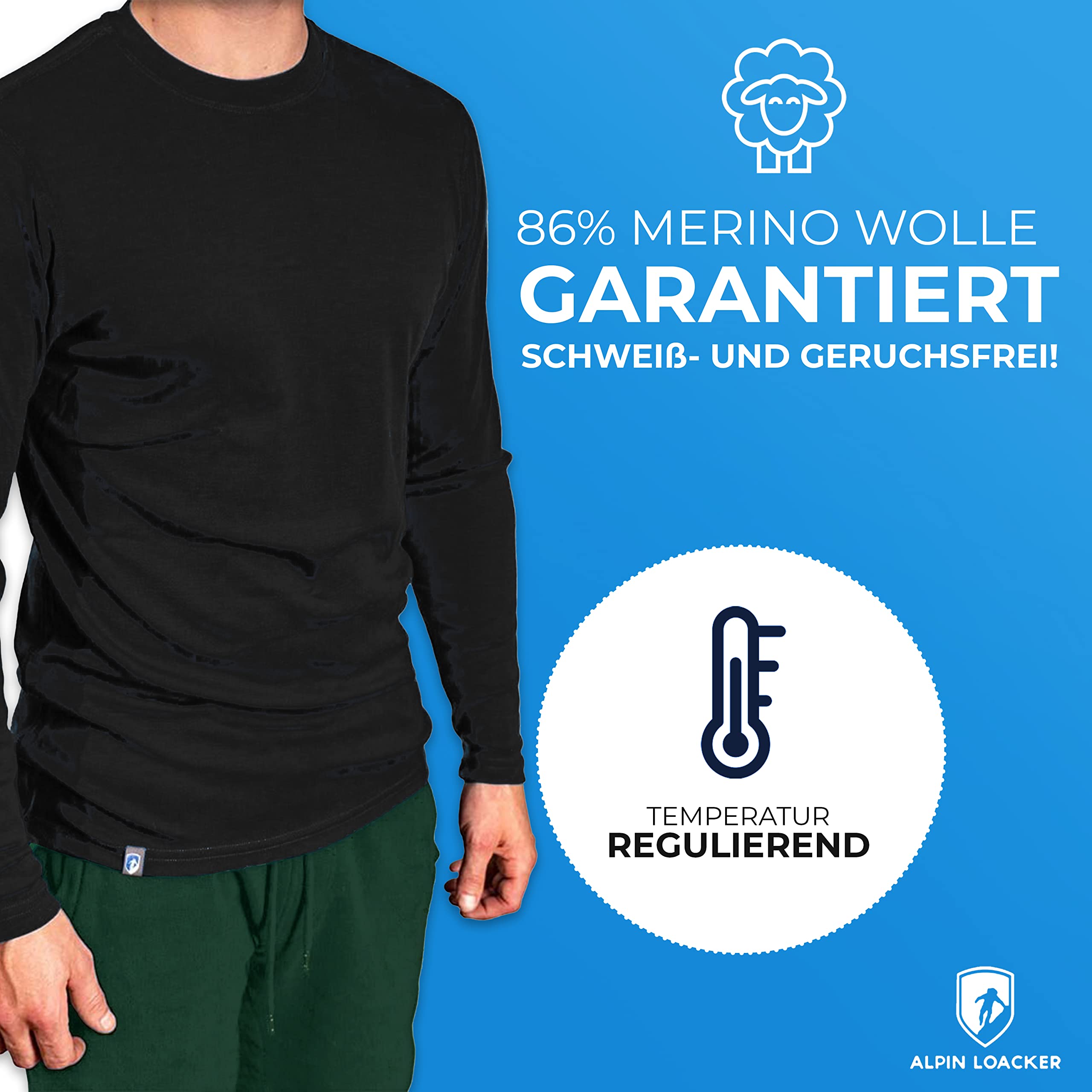 ALPIN LOACKER CORESPUN Merino Langarmshirt Herren 150 g/m2, das leichte I Thermooberteil atmungsaktiv I Sport Funktionsshirt für Wandern und Outdoor Sport, Schwarz M