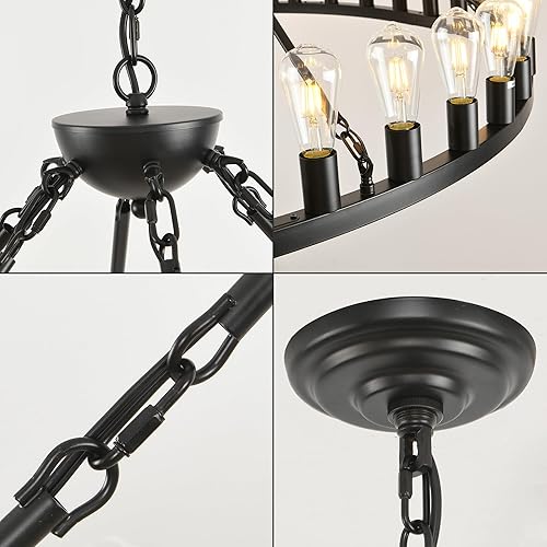 Miniatura 6 de Candelabro de rueda de vagón extragrande de 64 pulgadas, 42 pulgadas, color negro claro, lámpara de araña de rueda redonda, lámparas de araña de