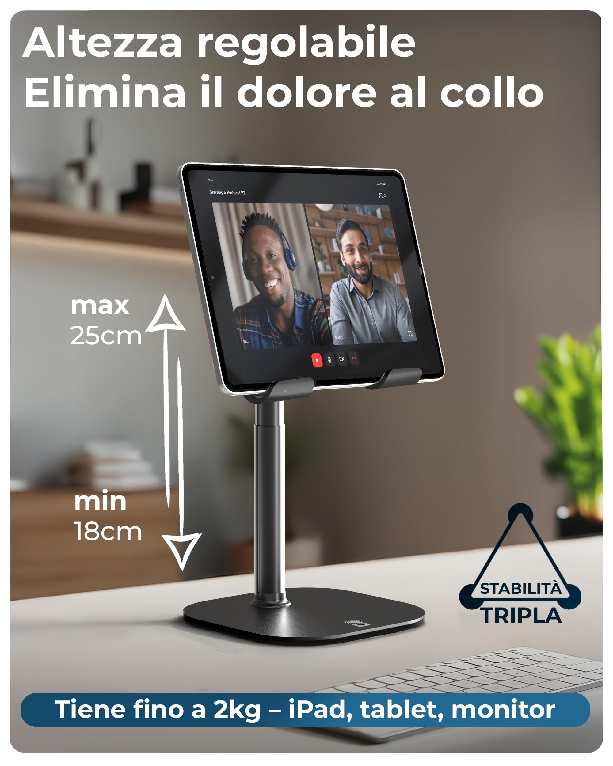 COOPER TabHolder Regolabile in Altezza Base Tablet 7-10" Stand iPad Scrivania per Monitor 15,6-17" Inclinazione 270° Nero Notte