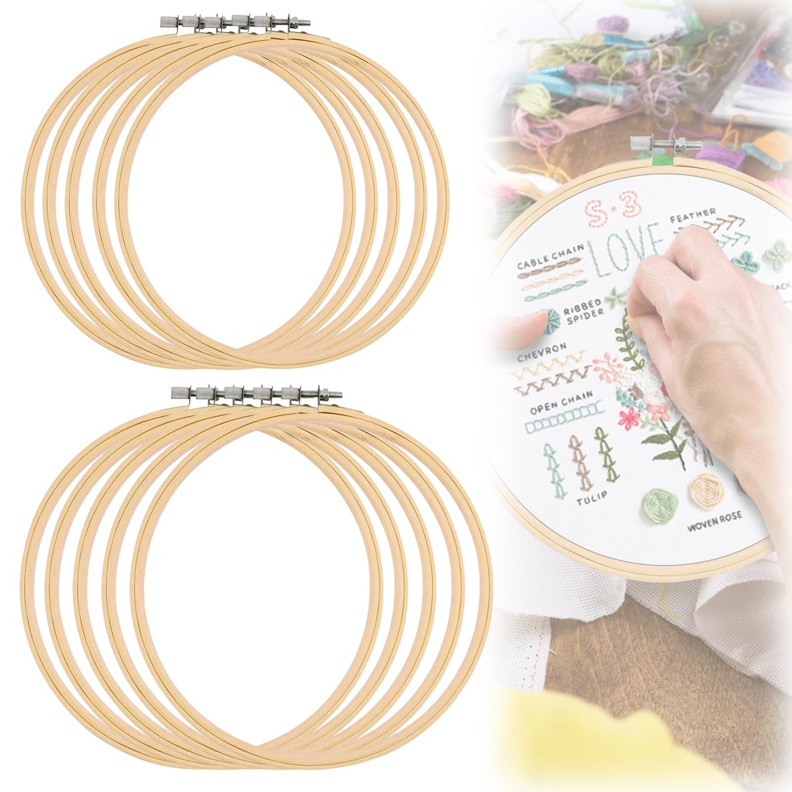 GOEDCH Bastidor para Bordar de Bambú: 5 Piezas Aro de Bordado de Madera para Punto de Cruz, Bastidores para Bordar Redondos, 20cm, 23cm Bastidores de Bordado Redondos de Bambú, para Artesanía, Bordado