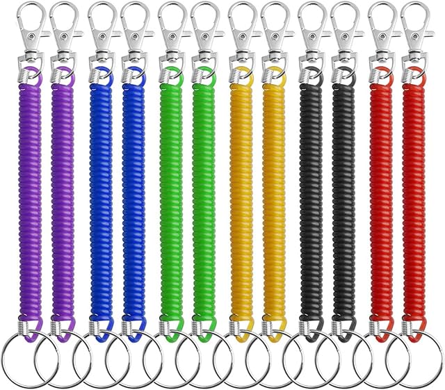 pengxiaomei 12 Pieces Stretchy Spiral Keyring, Colourful Plastic Keychain Spring Key Holder Extending Retractable for School, Work, 6 Colors